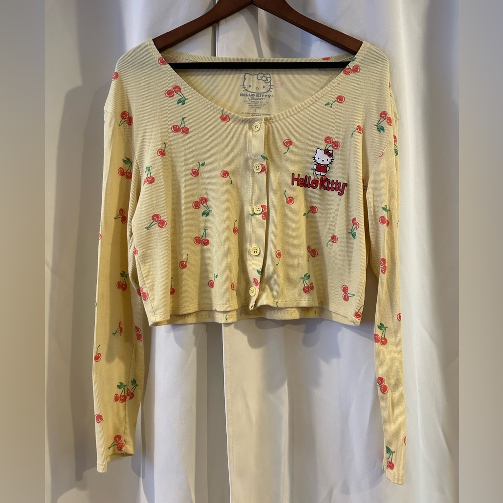 Sanrio Hello Kitty Yellow Cropped Button Cardigan Cherries Y2K Long Sleeve Large